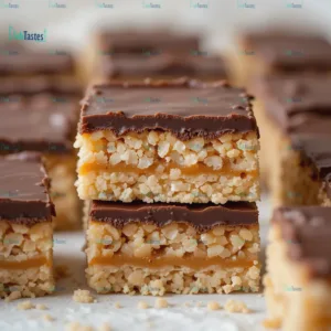 perfectly layered Rice Krispy Millionaires Bar, showcasing the distinct layers