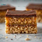 perfectly layered Rice Krispy Millionaires Bar, showcasing the distinct layers